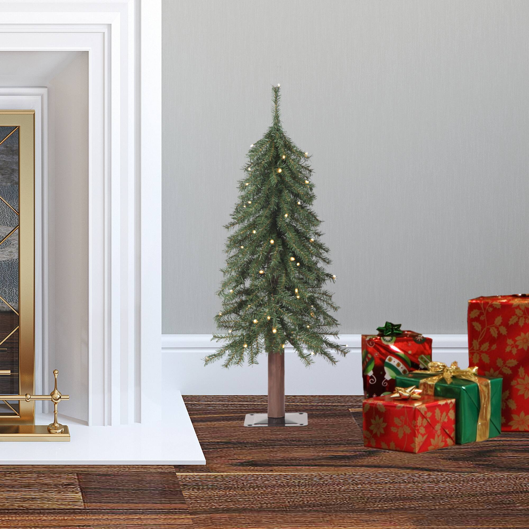 3ft. Mountain Fir Artificial Christmas Tree with Natural Wood Pole, Soft White LED Lights